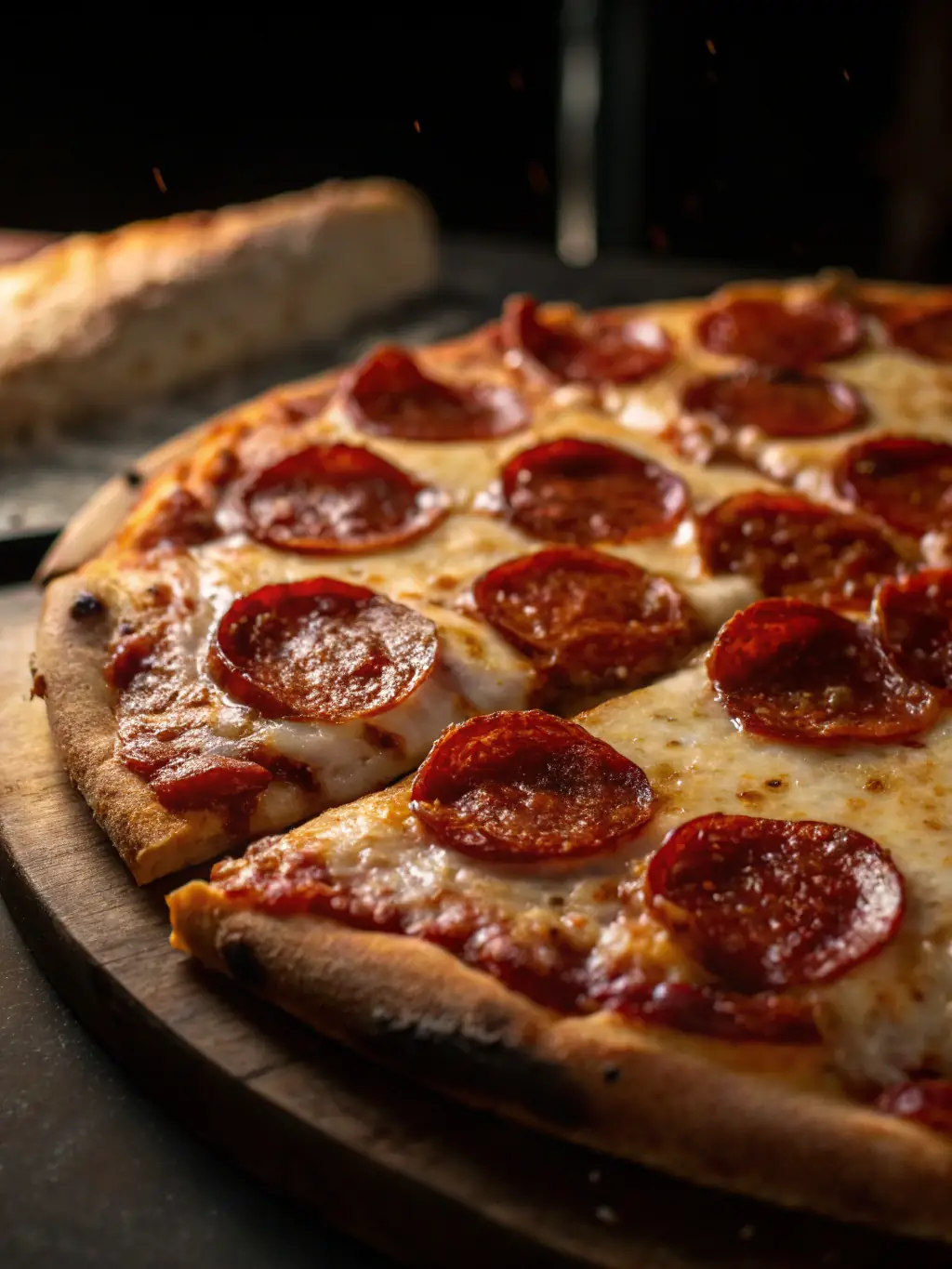 A vibrant, close-up shot of a Pizzaville Pepperoni Feast pizza, showcasing the generous pepperoni slices, melted mozzarella cheese, and a perfectly baked crust, set against a dark, rustic background to emphasize its richness and flavor.