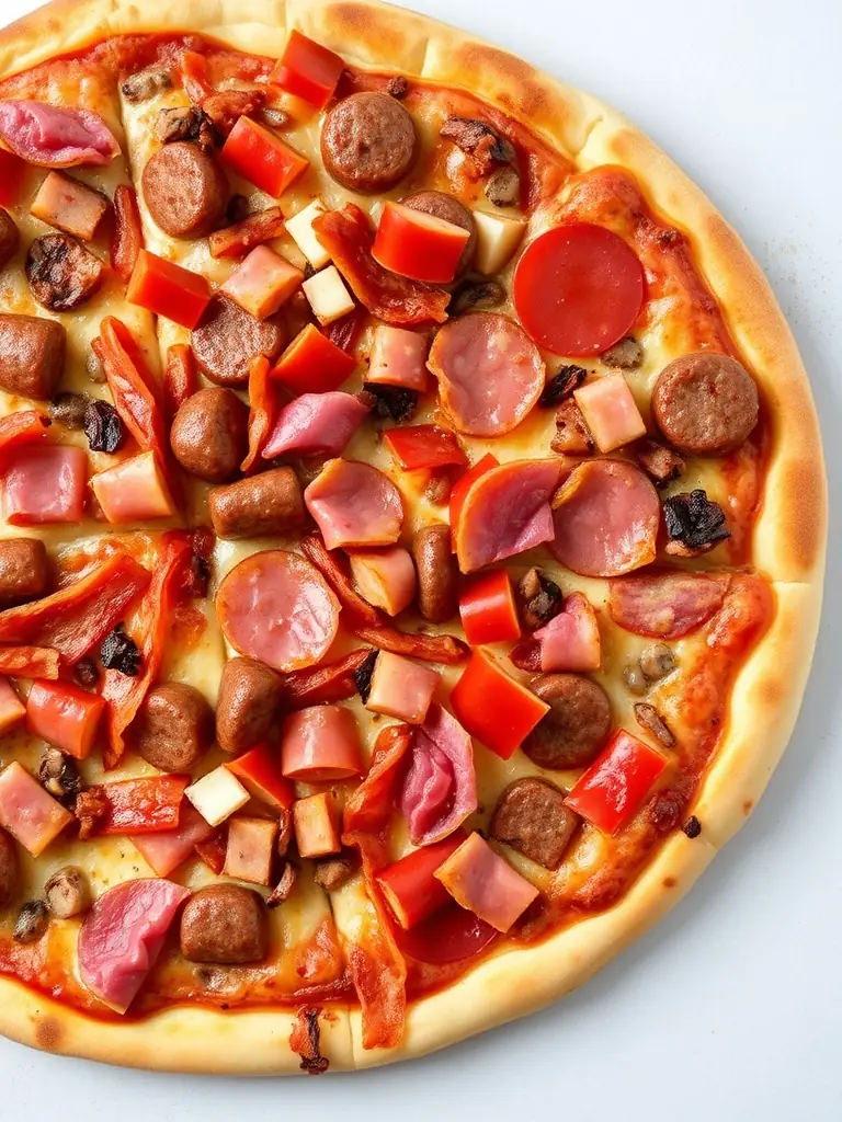 An enticing photo of a Pizzaville Meat Lovers pizza, showcasing a variety of savory meats including sausage, bacon, and ham, generously layered over a bed of melted cheese and a perfectly baked crust, highlighting its hearty and satisfying nature.