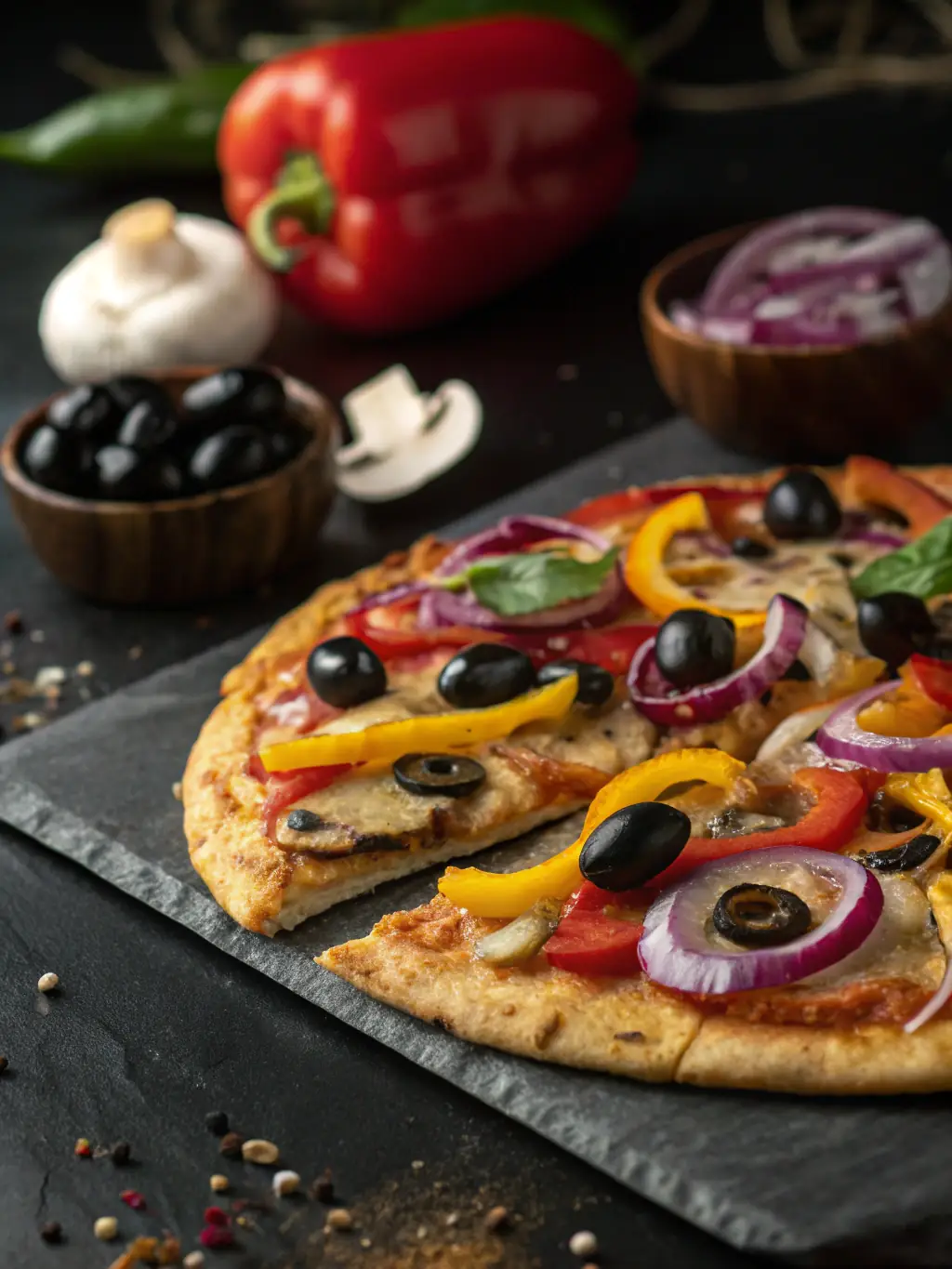 A mouthwatering image of a Pizzaville Veggie Supreme pizza, featuring a colorful assortment of fresh vegetables such as bell peppers, mushrooms, onions, and tomatoes, arranged artfully on a crispy crust with melted cheese.