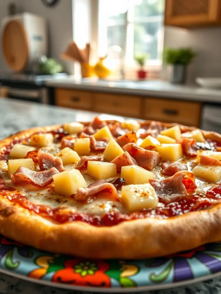 A tempting image of a Pizzaville Hawaiian pizza, featuring a balanced combination of sweet pineapple chunks, savory ham slices, and melted mozzarella cheese on a golden-brown crust, creating a visually appealing and appetizing pizza.