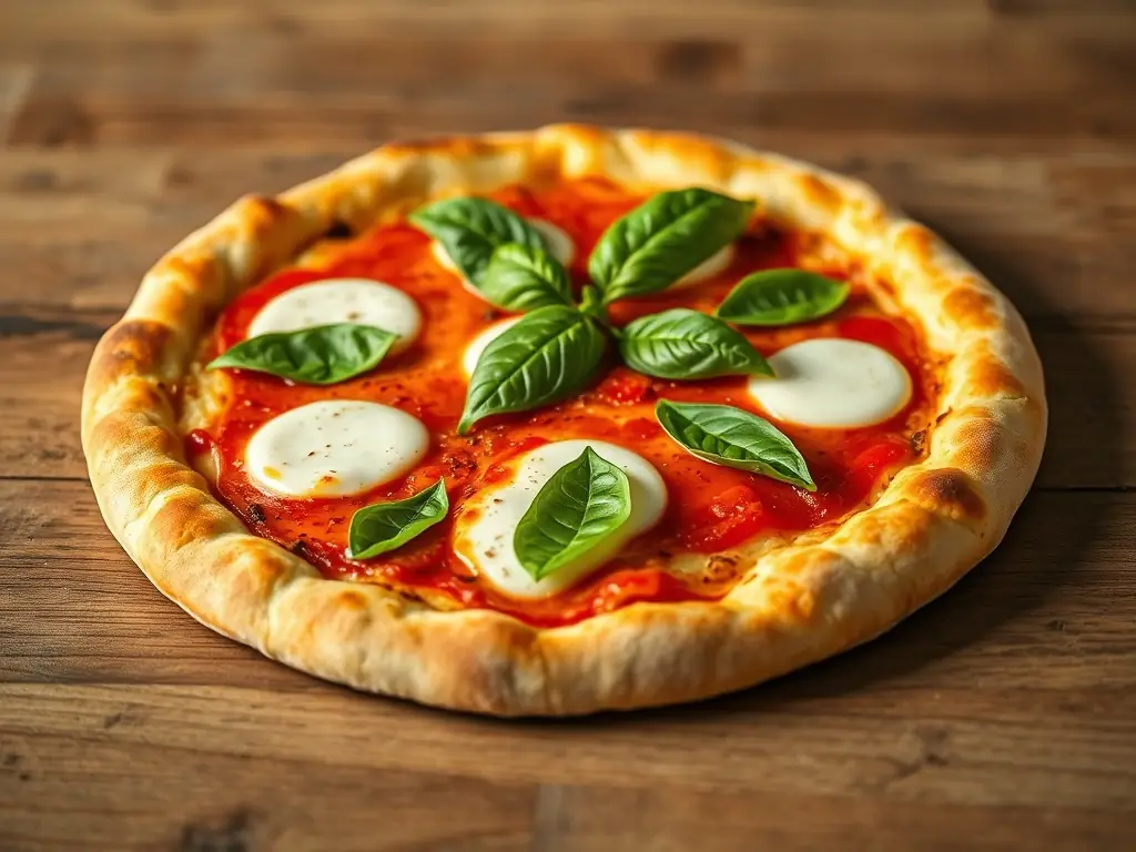 A vibrant, overhead shot of a classic Margherita pizza with fresh basil leaves, ripe tomatoes, and melted mozzarella cheese on a perfectly baked crust, showcasing its simplicity and fresh ingredients.