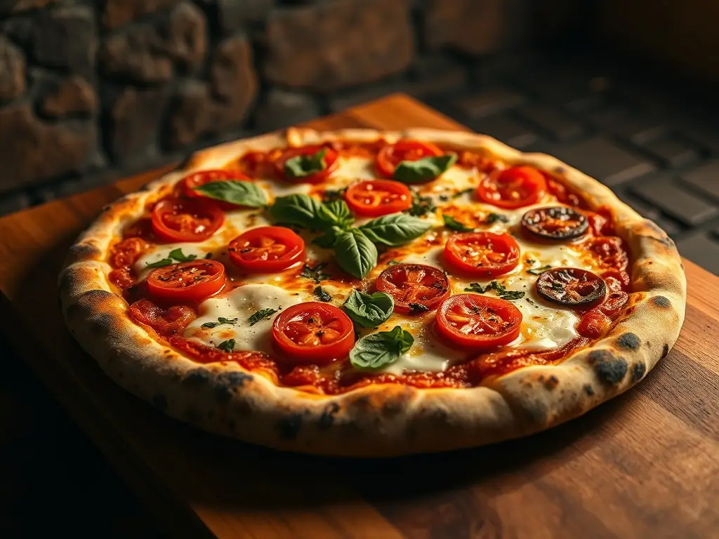 A close-up shot of a Margherita pizza with fresh basil, ripe tomatoes, and melted mozzarella cheese, showcasing its vibrant colors and inviting texture.