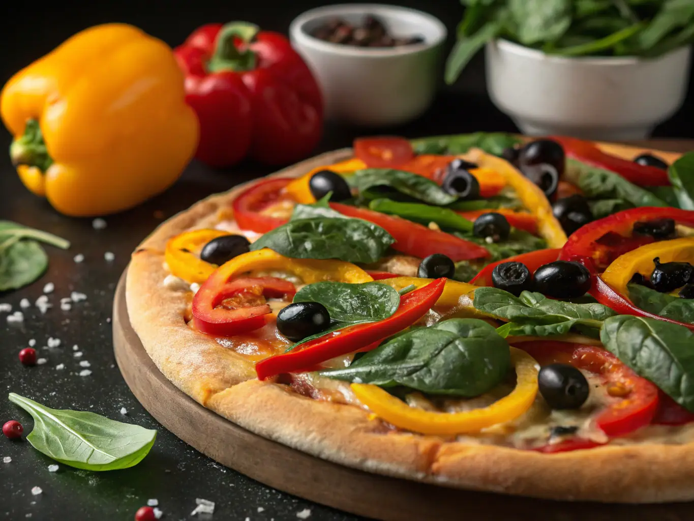 A vibrant vegetarian pizza with colorful bell peppers, mushrooms, onions, olives, and melted cheese, showcasing its fresh and healthy ingredients.