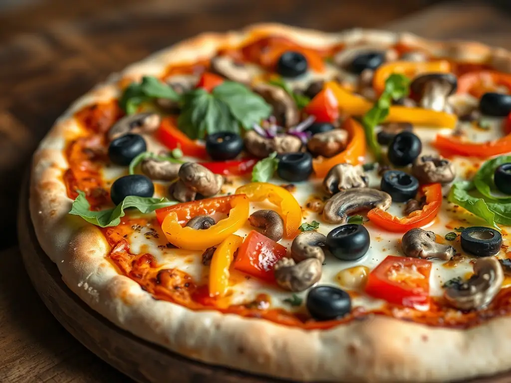 An enticing image of a Vegetarian pizza with a colorful assortment of fresh vegetables, including bell peppers, mushrooms, onions, and olives, on a bed of melted cheese and a crispy crust.