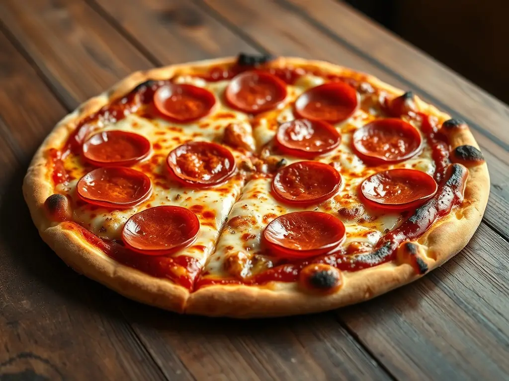 A visually appealing image of a Pizzaville Pepperoni pizza, emphasizing the generous topping of pepperoni slices and the melted cheese. The crust should appear golden brown and slightly crispy.