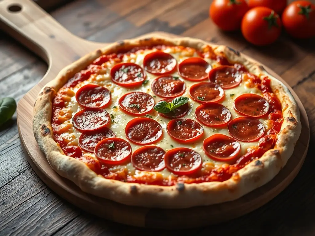 A pepperoni pizza with a generous layer of pepperoni slices, melted cheese, and a slightly charred crust, highlighting its savory and satisfying appeal.